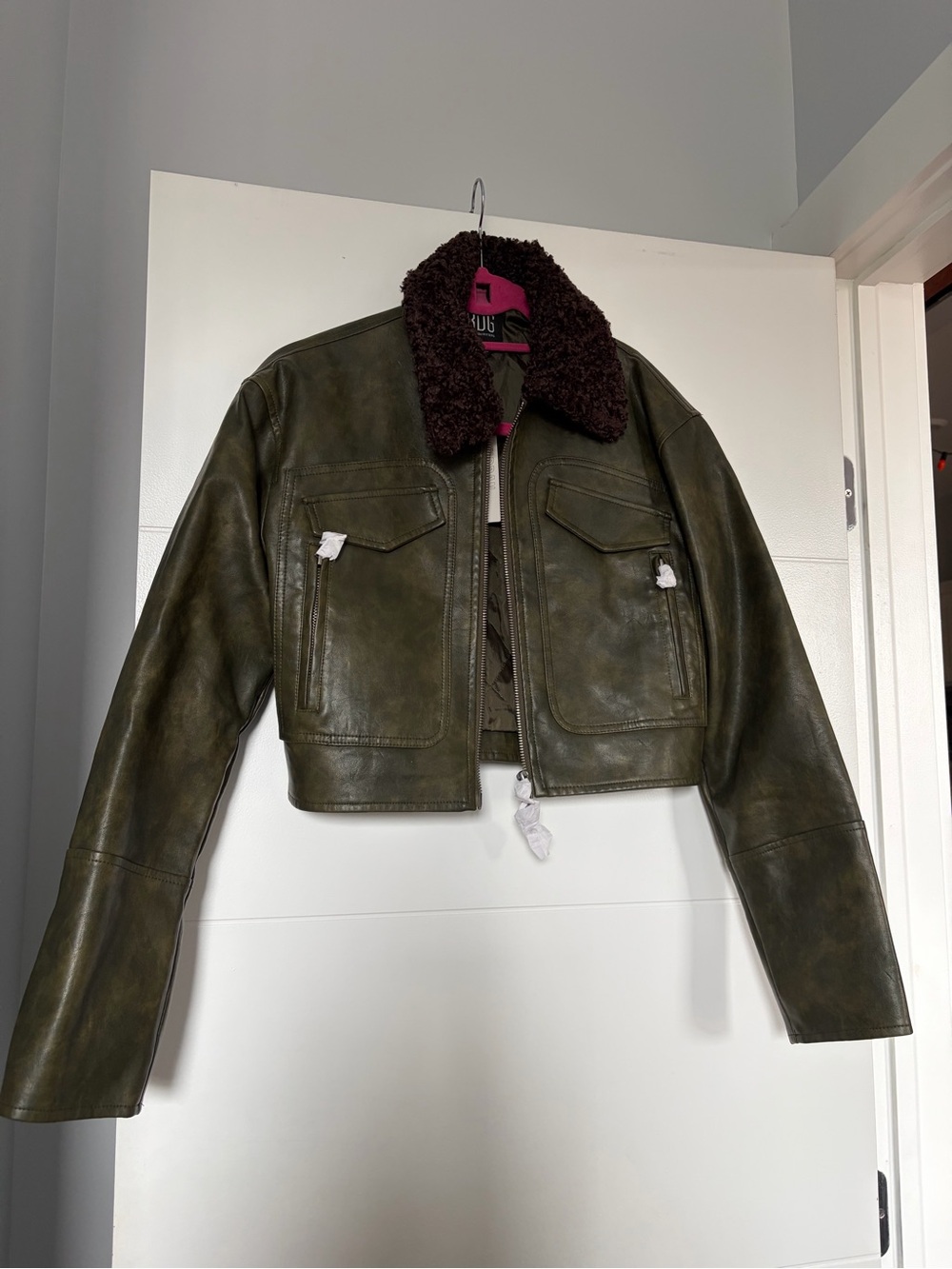 Urban Outfitters Olive Green Leather Jacket with Brown Shearling Collar